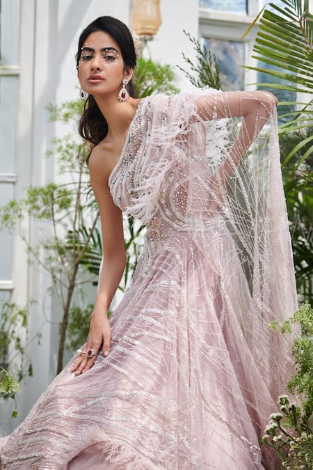Kamaali Couture_Pink Organza Embellished Feathers One Shoulder Shimmer Draped Gown  _Online_at_Aza_Fashions