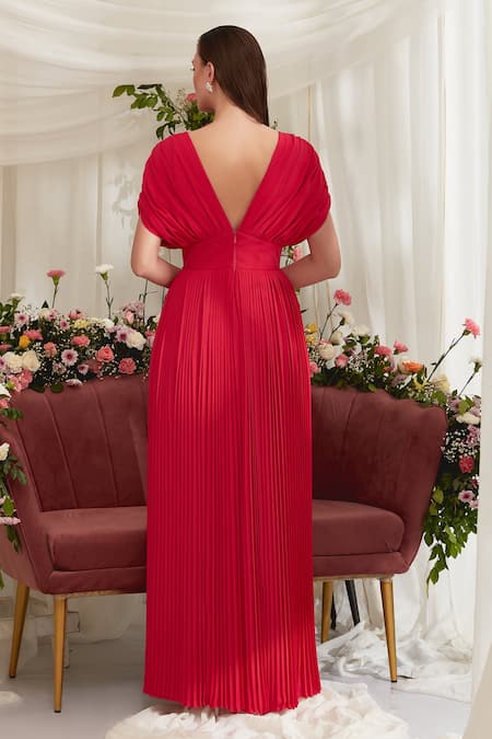 Shop_Zosia_Fuchsia Luxury Heavy Georgette Plain Plunge V Neck Penelope Pleated Jumpsuit _at_Aza_Fashions