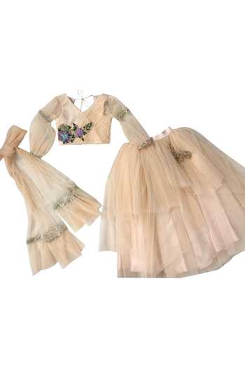 PA:Paa_Peach Tulle, Chiffon Embroidery, Beads Asymmetric Lehenga Set_Online_at_Aza_Fashions