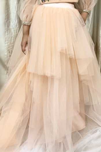 Buy_PA:Paa_Peach Tulle, Chiffon Embroidery, Beads Asymmetric Lehenga Set_Online_at_Aza_Fashions