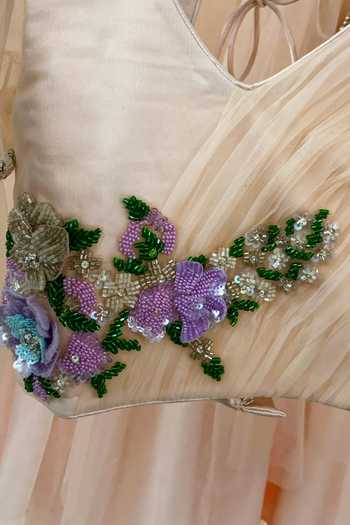 Shop_PA:Paa_Peach Tulle, Chiffon Embroidery, Beads Asymmetric Lehenga Set_Online_at_Aza_Fashions