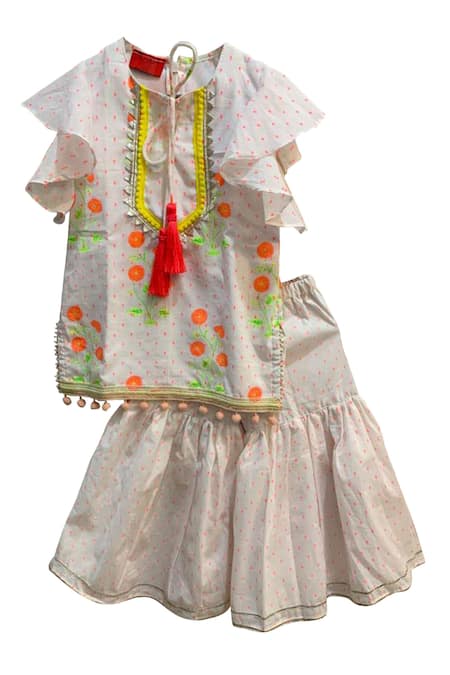 Shop The Plum Bum White Cotton Tassels, Embroidery Printed Kurta And Sharara Set at Aza Fashions Shop_The Plum Bum_White Cotton Tassels, Embroidery Printed Kurta And Sharara Set _at_Aza_Fashions
