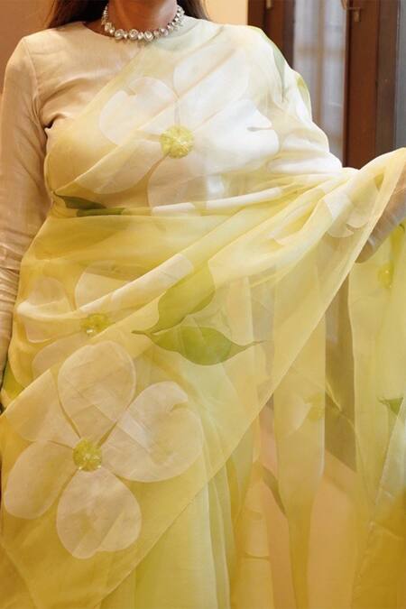 Meghstudio Green Organza, Modal, Silk Sequins, Hibiscus Flowers Hand Painted And Saree Online at Aza Fashions Meghstudio_Green Organza, Modal, Silk Sequins, Hibiscus Flowers Hand Painted And Saree _Online_at_Aza_Fashions