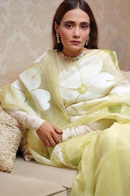 Buy Meghstudio Green Organza, Modal, Silk Sequins, Hibiscus Flowers Hand Painted And Saree Online at Aza Fashions Buy_Meghstudio_Green Organza, Modal, Silk Sequins, Hibiscus Flowers Hand Painted And Saree _Online_at_Aza_Fashions