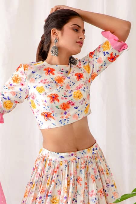 Shop_Shachi Sood_Off White Organza, Dupion Silk, Butter Crepe Floral Round Print Lehenga Set _Online_at_Aza_Fashions