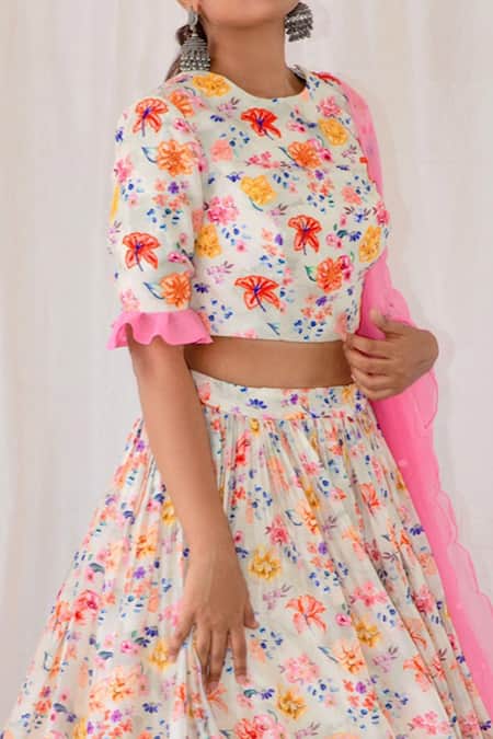 Buy_Shachi Sood_Off White Organza, Dupion Silk, Butter Crepe Floral Round Print Lehenga Set _Online_at_Aza_Fashions