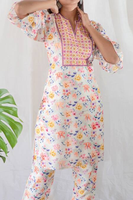 Buy_Shachi Sood_Off White Dupion Silk, Butter Crepe Floral Hand Embroidered Kurta With Pant  _Online_at_Aza_Fashions