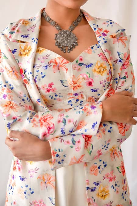 Shachi Sood Grey Dupion Silk, Silk, Butter Floral Lapel Collar Printed Pant Set Online at Aza Fashions Shachi Sood_Grey Dupion Silk, Silk, Butter Floral Lapel Collar Printed Pant Set _Online_at_Aza_Fashions