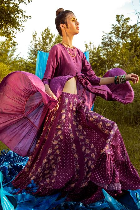 Paulmi And Harsh Purple Mul Round Kurta With Printed Skirt
