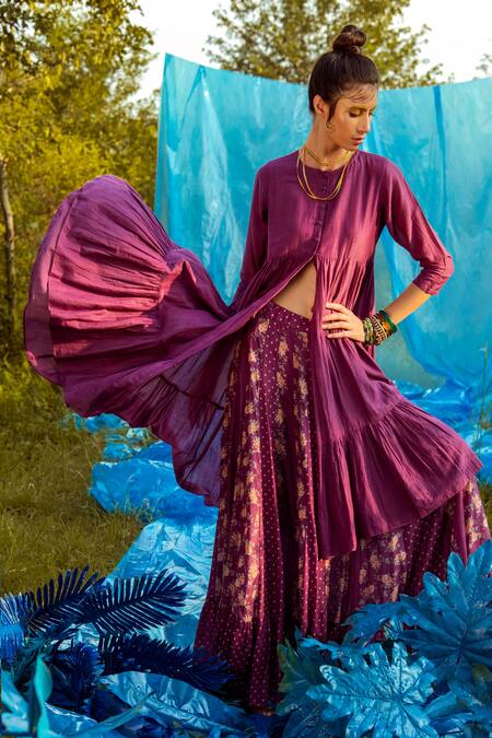 Paulmi And Harsh_Purple Mul Round Kurta With Printed Skirt _Online_at_Aza_Fashions