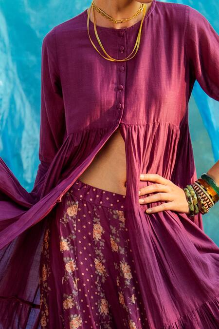 Buy_Paulmi And Harsh_Purple Mul Round Kurta With Printed Skirt _Online_at_Aza_Fashions