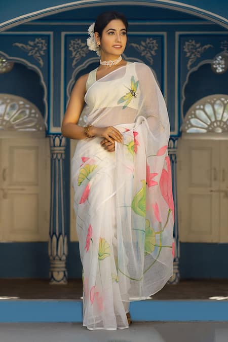 Pheeta Yellow Kota Doria Hand Painted Floral Motif Saree 