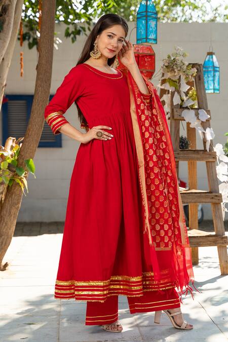 Pheeta_Red Cotton Plain Round Anarkali Set With Chanderi Dupatta _Online_at_Aza_Fashions