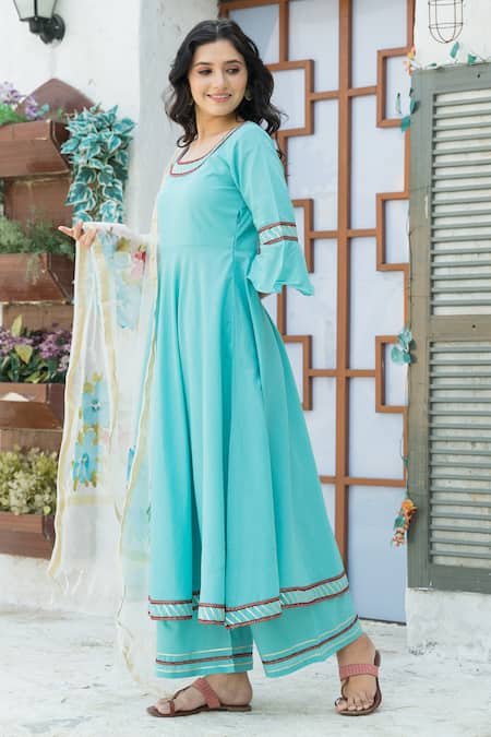 Buy Blue Cotton Plain Round Umbrella Sleeve Anarkali Set For Women