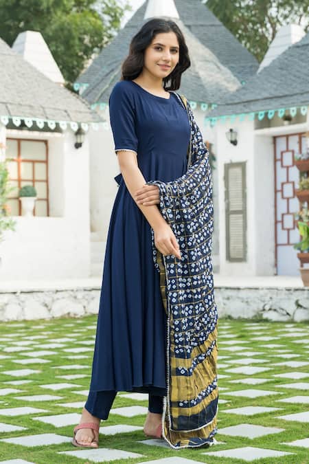 Anarkali Blue Cotton Kurti With pant and Dupatta (Set - 4)