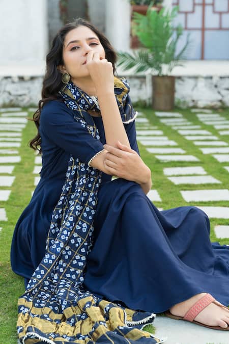 Shop_Pheeta_Blue Rayon Round Anarkali Set With Bandhej Dupatta _Online_at_Aza_Fashions