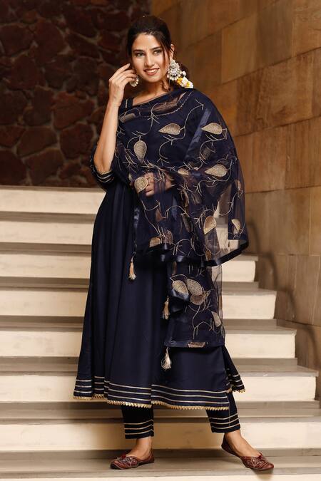 Buy_Pheeta_Blue Rayon Plain U Neck Anarkali Set With Embroidered Dupatta_Online_at_Aza_Fashions