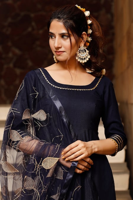 Pheeta_Blue Rayon Plain U Neck Anarkali Set With Embroidered Dupatta_at_Aza_Fashions