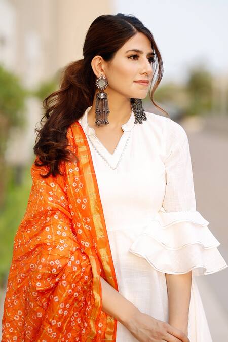 Pheeta_White Cotton Plain Band Collar Anarkali Set With Dupatta_at_Aza_Fashions