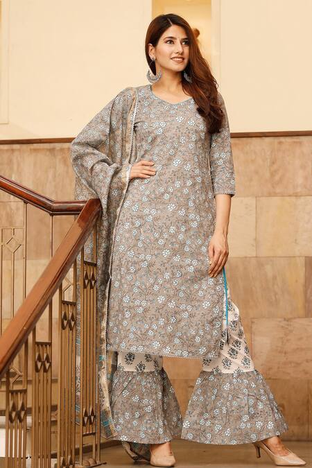 Buy Pheeta Grey Cotton Printed Floral Block V Neck Kurta Sharara Set at Aza Fashions Buy_Pheeta_Grey Cotton Printed Floral Block V Neck Kurta Sharara Set _at_Aza_Fashions