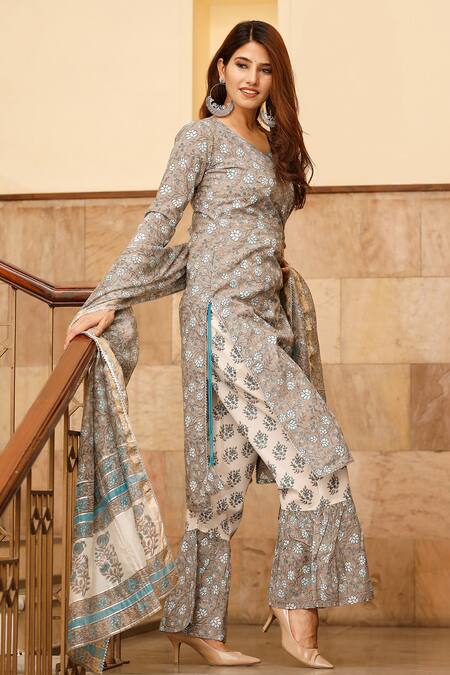 Pheeta Grey Cotton Printed Floral Block V Neck Kurta Sharara Set Online at Aza Fashions Pheeta_Grey Cotton Printed Floral Block V Neck Kurta Sharara Set _Online_at_Aza_Fashions