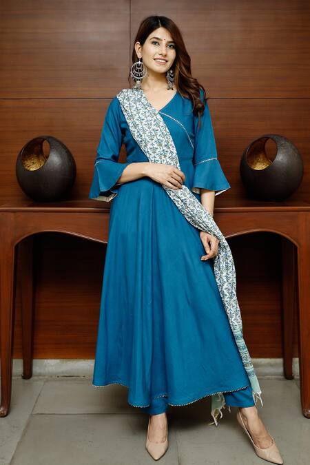 Buy Pheeta Blue Rayon Plain V Neck Anarkali Set With Printed Dupatta Online at Aza Fashions Buy_Pheeta_Blue Rayon Plain V Neck Anarkali Set With Printed Dupatta_Online_at_Aza_Fashions