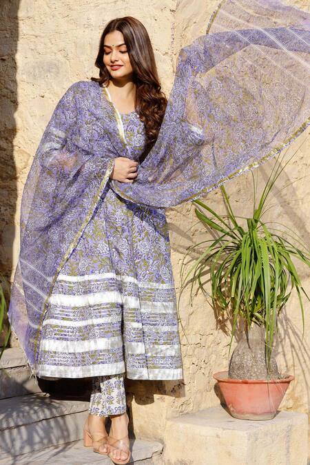 Pheeta_Purple Cotton Printed Floral Motifs U Neck Anarkali Set_Online_at_Aza_Fashions