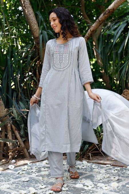 Stunning Gray Colored Designer Partywear Embroidered Cotton Kurti