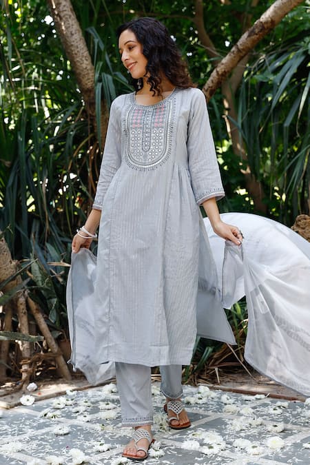 Buy Grey Cotton Embroidered Thread Work Round Kurta Set For Women by Pheeta  Online at Aza Fashions.