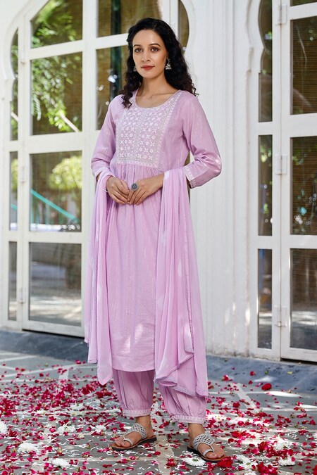 Pheeta Purple Cotton Embroidered Thread Work Round Neck Gathered Kurta Set