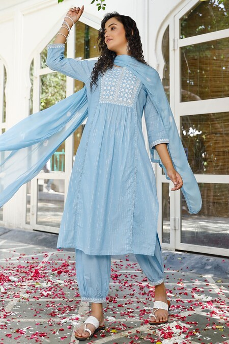 Pheeta Blue Cotton Embroidered Thread Work Round Gathered Kurta Set