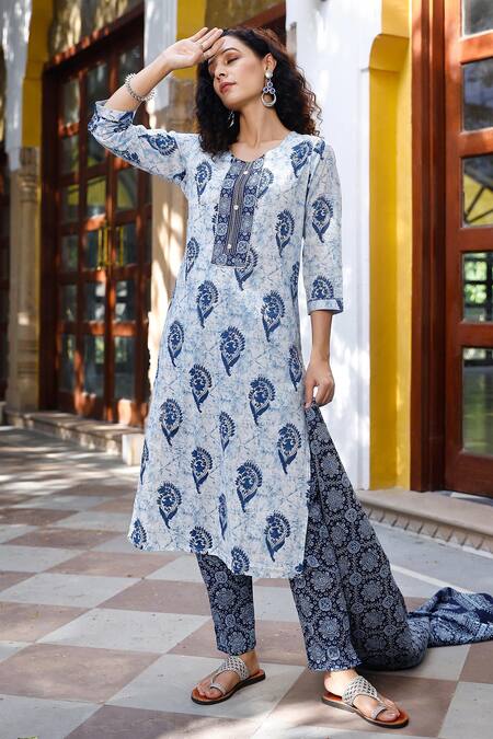 Pheeta_Blue Cotton Ornamental Print Kurta Set_Online_at_Aza_Fashions