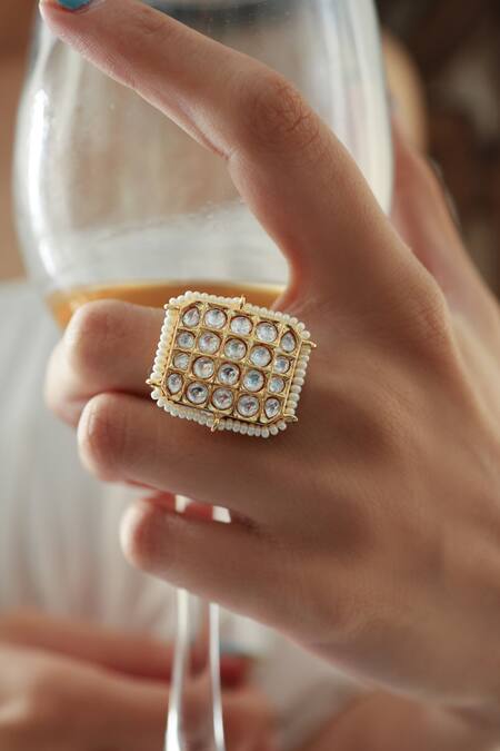 Shop Do Taara Gold Plated Kundan Square Embedded Ring at Aza Fashions Shop_Do Taara_Gold Plated Kundan Square Embedded Ring_at_Aza_Fashions