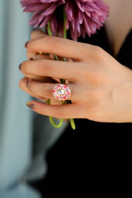 Shop Do Taara Gold Plated Diamonds Floral Meenakari Ring at Aza Fashions Shop_Do Taara_Gold Plated Diamonds Floral Meenakari Ring _at_Aza_Fashions