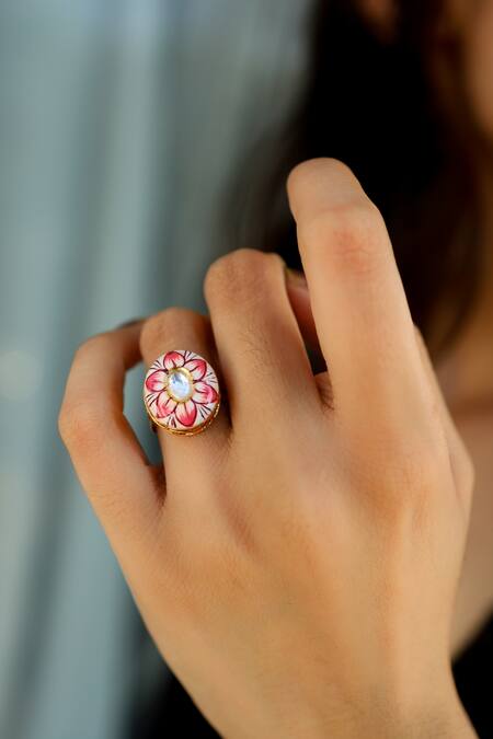 Do Taara Gold Plated Diamonds Floral Meenakari Ring Online at Aza Fashions Do Taara_Gold Plated Diamonds Floral Meenakari Ring _Online_at_Aza_Fashions