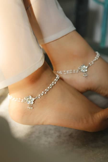 Shop Do Taara Silver Plated Pearls, Diamonds Layered Anklets -Set of 2 at Aza Fashions Shop_Do Taara_Silver Plated Pearls, Diamonds Layered Anklets -Set of 2 _at_Aza_Fashions