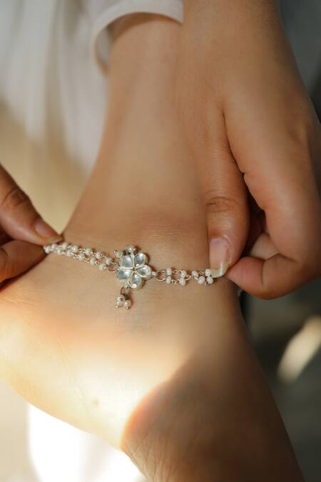 Do Taara Silver Plated Pearls, Diamonds Layered Anklets -Set of 2 Online at Aza Fashions Do Taara_Silver Plated Pearls, Diamonds Layered Anklets -Set of 2 _Online_at_Aza_Fashions