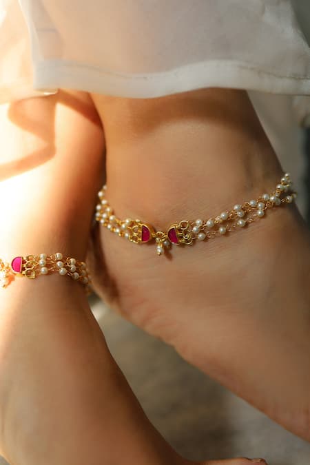 Do Taara_Gold Plated Pearls Layered Anklets -Set of 2 _Online_at_Aza_Fashions