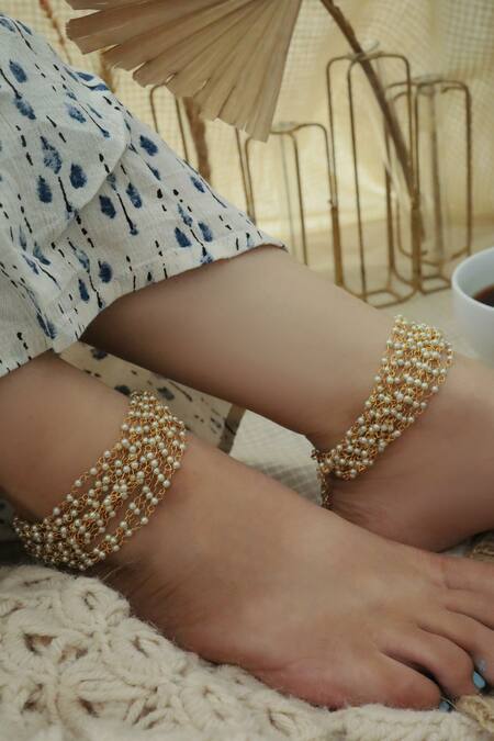 Do Taara_Gold Plated Semi-precious Stones Beaded Multi-string Anklets _Online_at_Aza_Fashions