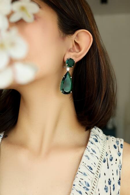 Beautiful Dark Green Drop Dangle Jhumka Earrings with Blue sapphire Stone |  Boho Indian Earrings