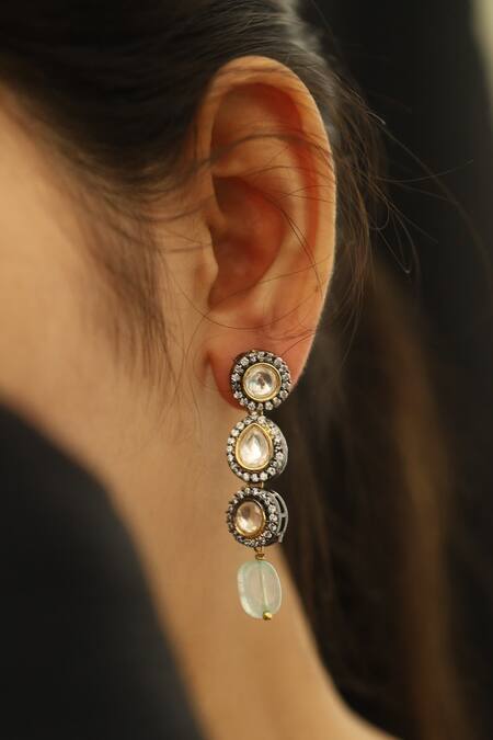 Do Taara_Silver Plated Polki Tiered Drop Danglers _Online_at_Aza_Fashions