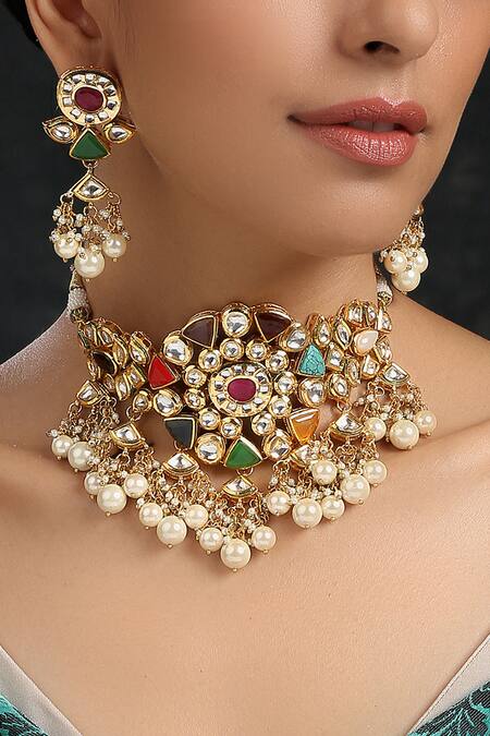 Paisley Pop Multi Color Gold Plating, Silver Alloy Kundan Choker Set Online at Aza Fashions Paisley Pop_Multi Color Gold Plating, Silver Alloy Kundan Choker Set_Online_at_Aza_Fashions