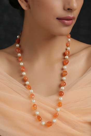 Shop Paisley Pop Orange Gold Plated Bead Long Necklace at Aza Fashions Shop_Paisley Pop_Orange Gold Plated Bead Long Necklace _at_Aza_Fashions