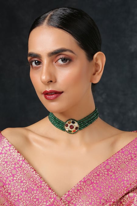 Paisley Pop Green Silver Alloy Kundan Pendant Choker 