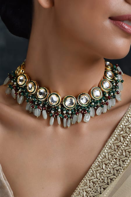 Paisley Pop Gold Plated Kundan Stone Drop Choker Online at Aza Fashions Paisley Pop_Gold Plated Kundan Stone Drop Choker _Online_at_Aza_Fashions