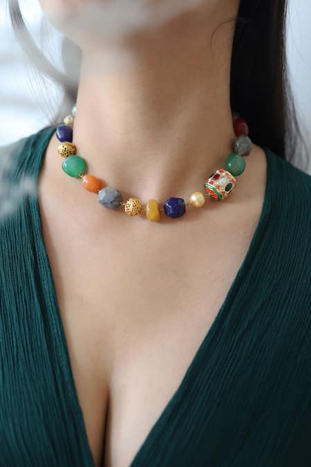 Do Taara_Multi Color Natural Stones Navrattan Necklace _Online_at_Aza_Fashions