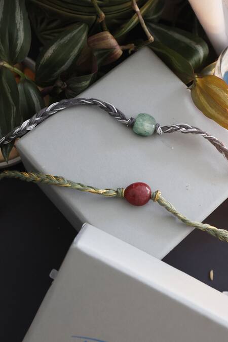 Buy_Do Taara_Green Gemstones Braided Natural Rakhi Set_Online_at_Aza_Fashions