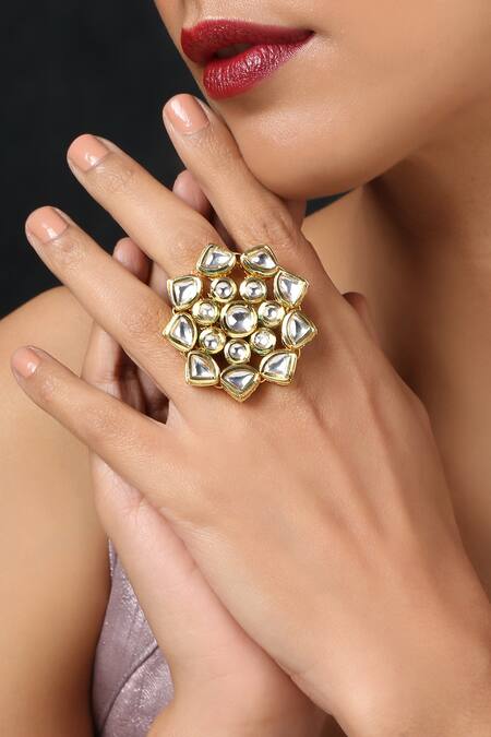 Paisley Pop Gold Plated Kundan Floral Adjustable Ring Online at Aza Fashions Paisley Pop_Gold Plated Kundan Floral Adjustable Ring _Online_at_Aza_Fashions