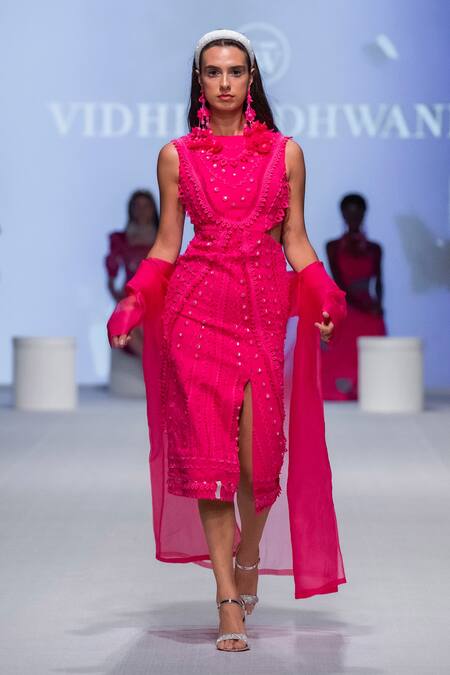 Buy_Vidhi Wadhwani_Pink Crepe, Lycra Embroidery Round Neck Pia Applique Dress _Online_at_Aza_Fashions