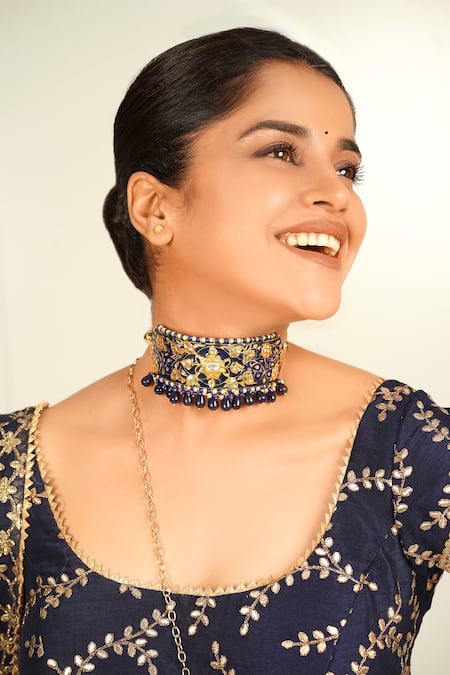 Gopi Vaid Blue Dupatta - Organza, Lehenga And Blouse - Cotton Silk Floral Embroidered Set Online at Aza Fashions Gopi Vaid_Blue Dupatta - Organza, Lehenga And Blouse - Cotton Silk Floral Embroidered Set _Online_at_Aza_Fashions